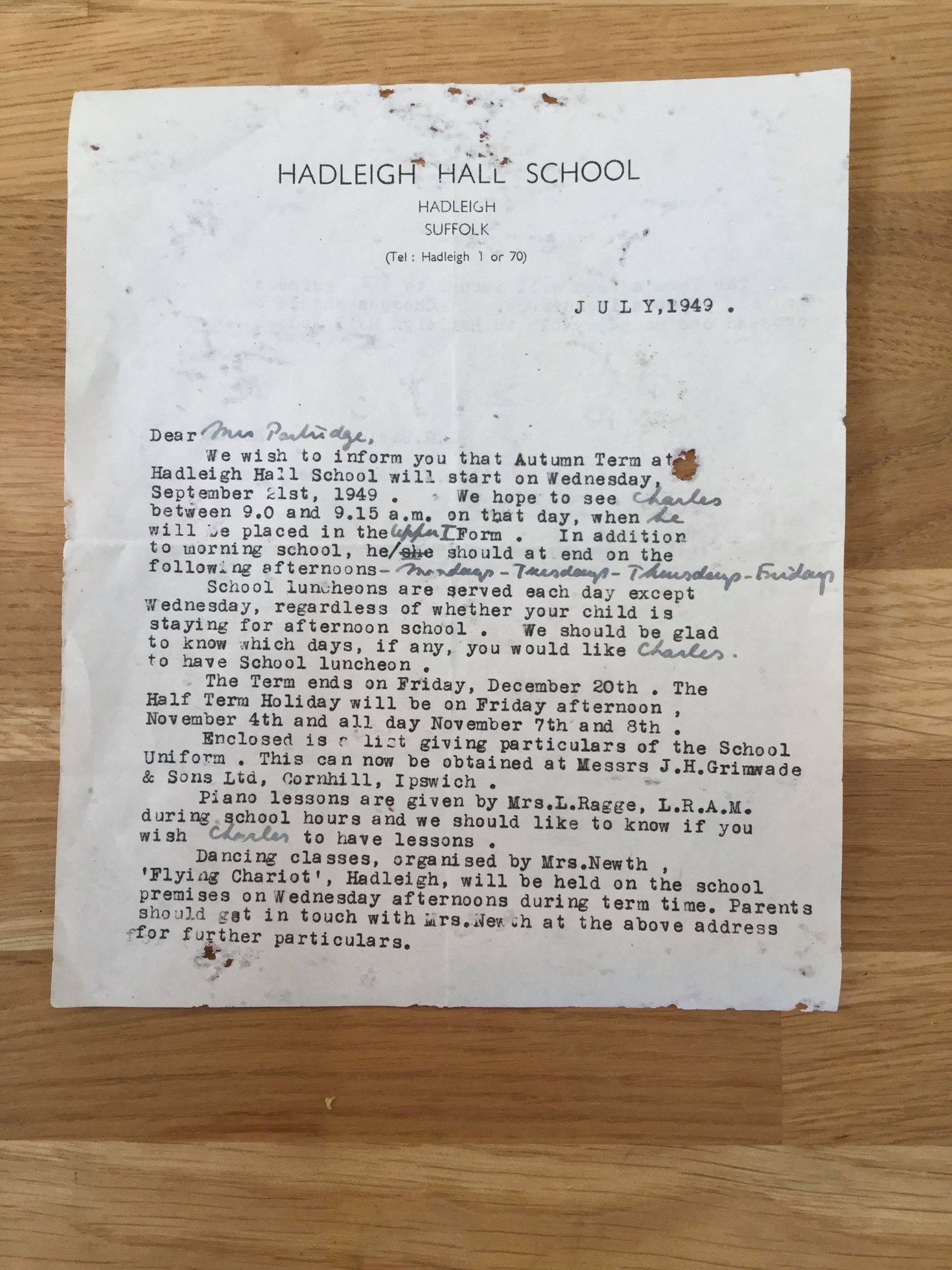 Start of term letter 1949